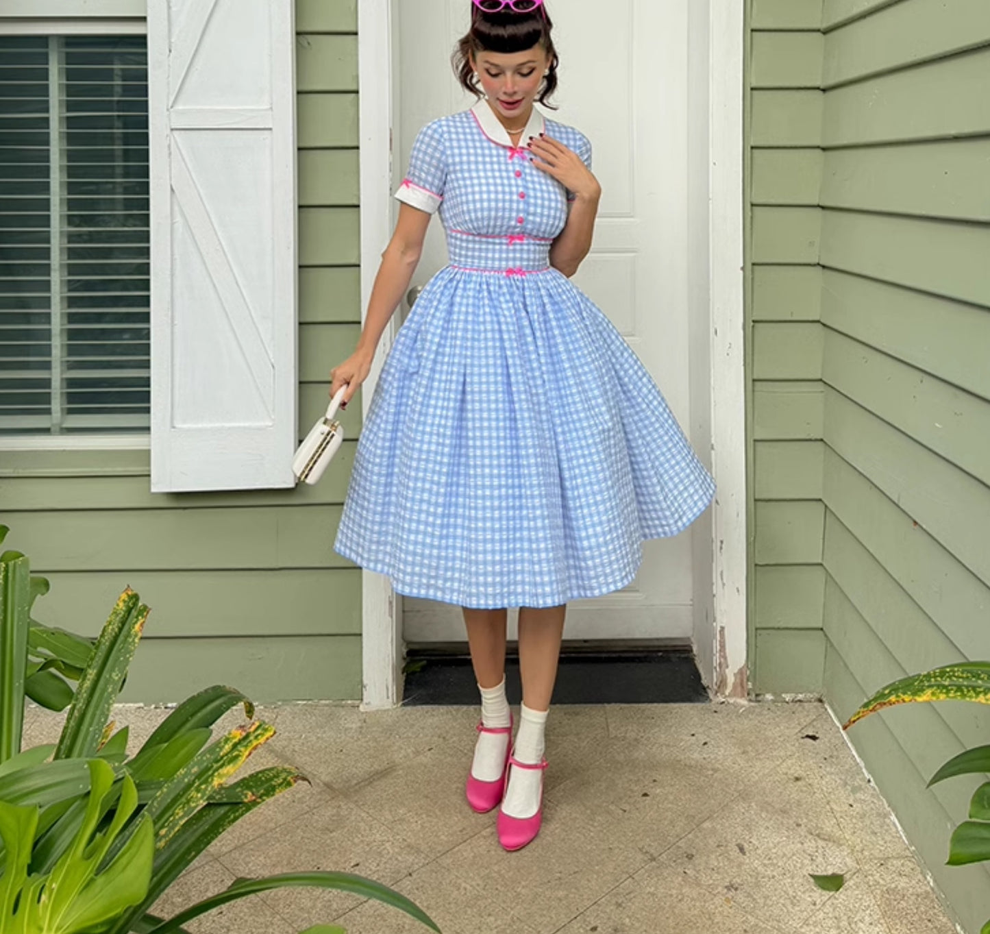 Le Palais Vintage Blue Plaid Waist Swing Skirt Puffy Skirt-SEM