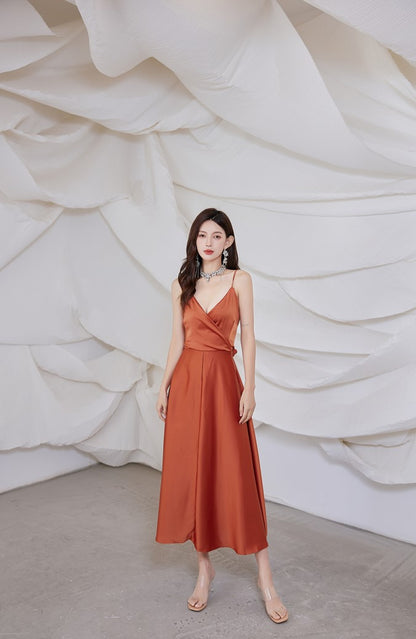 DOLLY Elegant French Style Satin V-Neck Sleeveless Backless Banquet Dress-XENA