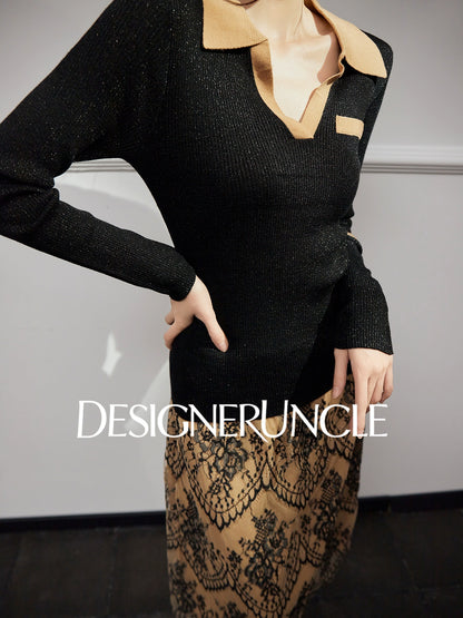 DGU "Qimo" black knitted sweater V-neck fashion high-end commuter top - BUGGY.