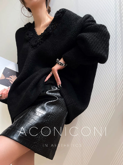 Aconiconi|Purple Flower Crochet openwork long cropped loose wool knit sweater  dress - Twilight