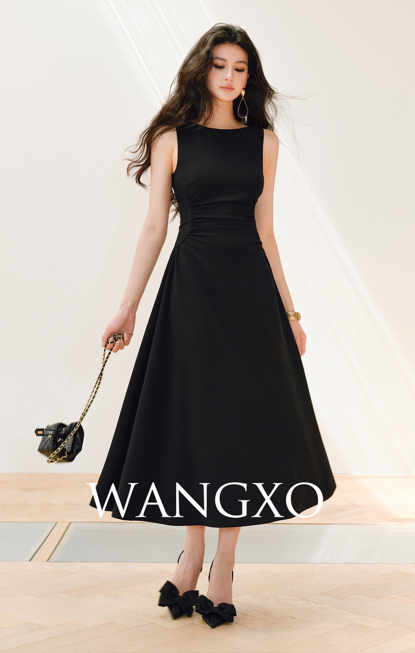 WANGXO | Boat Neck Cinched Waist & Flowing Umbrella Hem Dress MARCELINE. White / L WANGXO | Boat Neck Cinched Waist & Flowing Umbrella Hem Dress MARCELINE. White / L