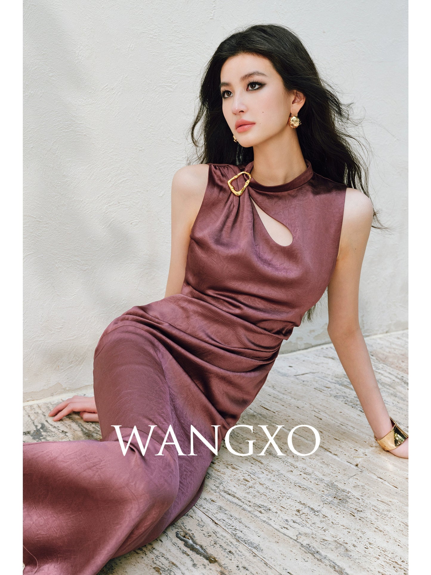 WANGXO |Water Drop Cutout, Custom Pin & Pinch-Pleated Sleeveless Dress- SENA
