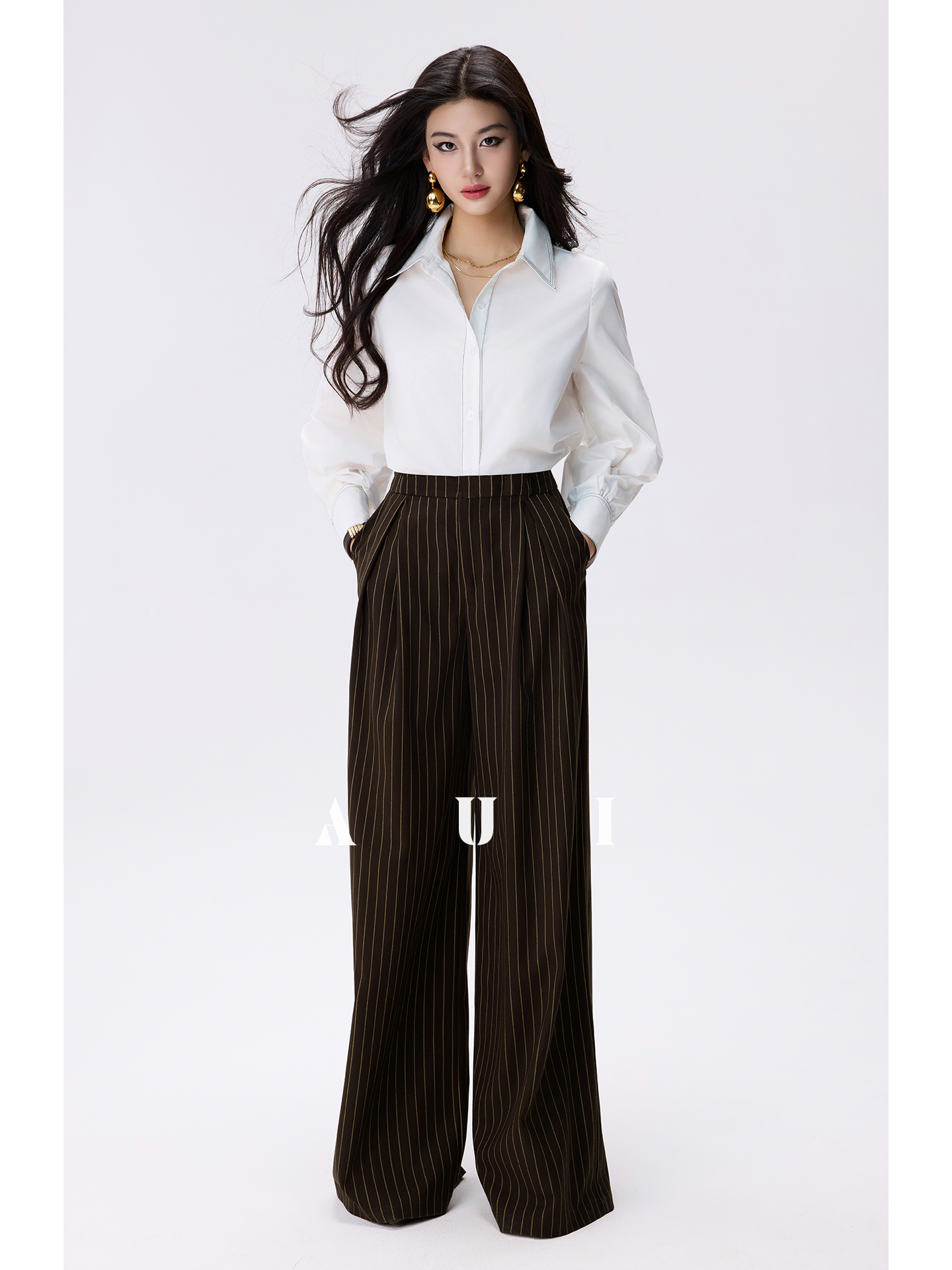 AUI Design Striped Suit High-Waisted Drape Pants -  Ji-ah.