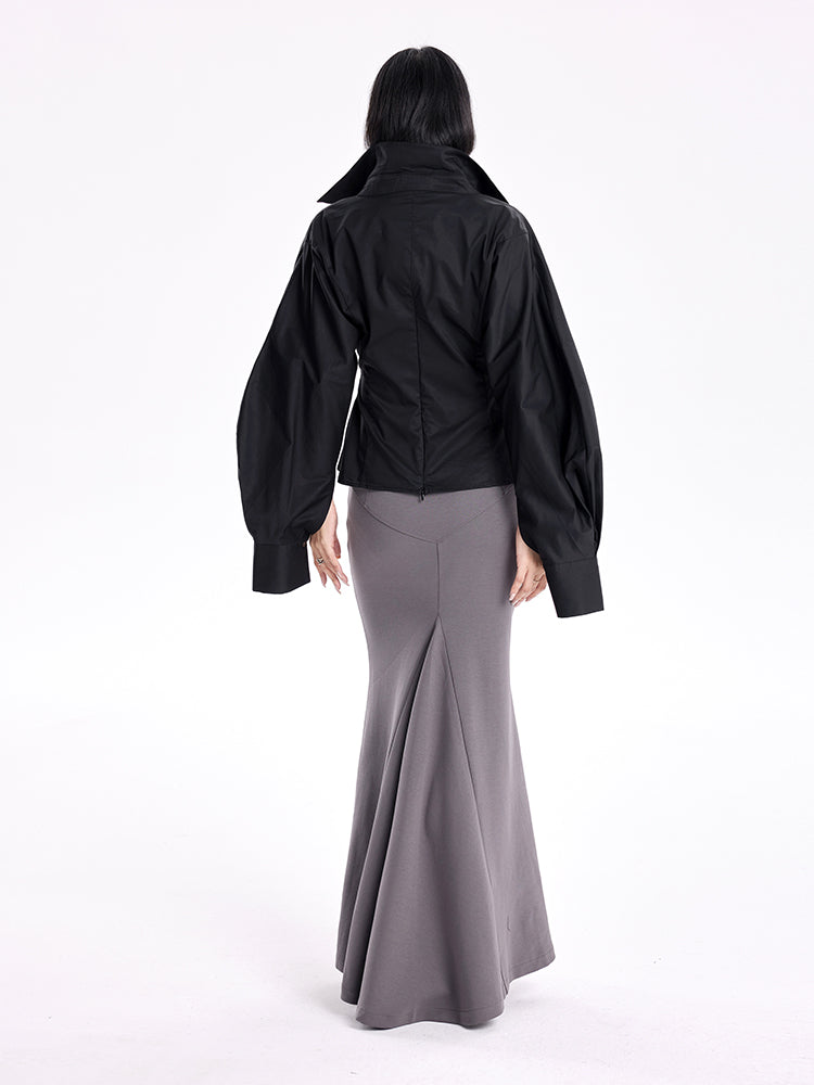 TINY IN stand-up collar casual pinch-pleated curved sleeve cinched waist shirt-KIA