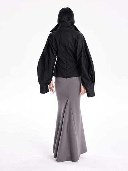 TINY IN stand-up collar casual pinch-pleated curved sleeve cinched waist shirt-KIA