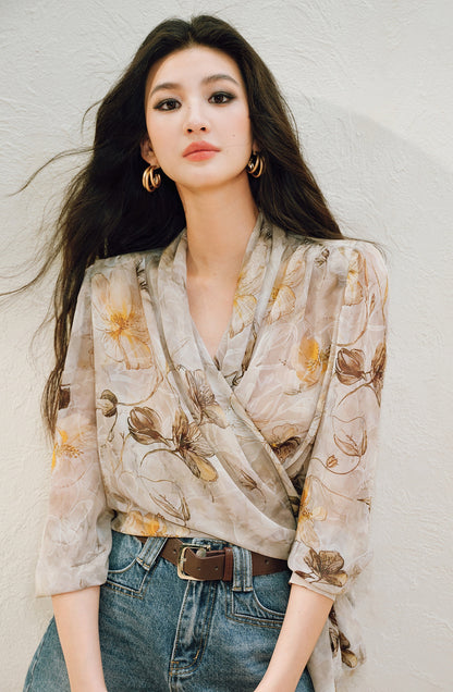 WANGXO | Silky Drape Smooth Georgette Vine-Inspired Geometric Print Entwined Twisted Shirt  -LYRA