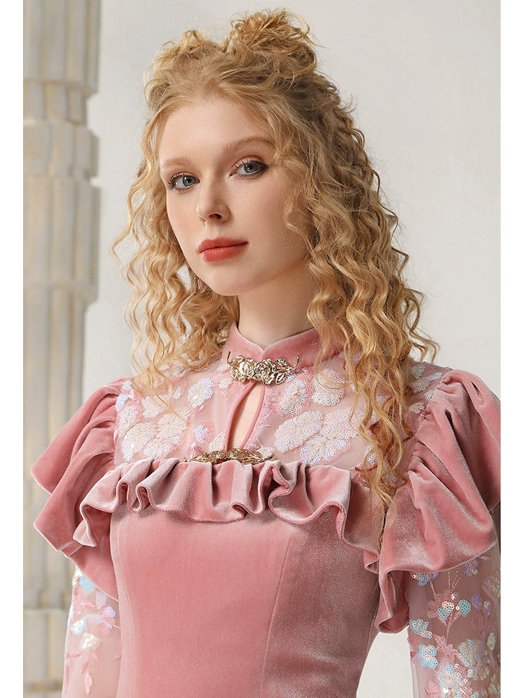 CHECOCRE Elegant Collar Beads Feather Stitched Hip Pink Short Dress - AMOS