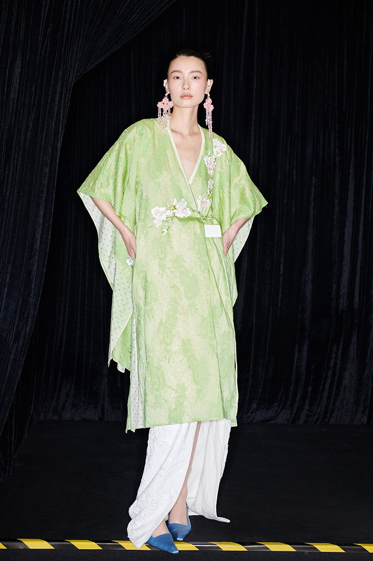 M essential Mackay designer green embroidered fabric magnolia beaded cardigan robe - RUTH.