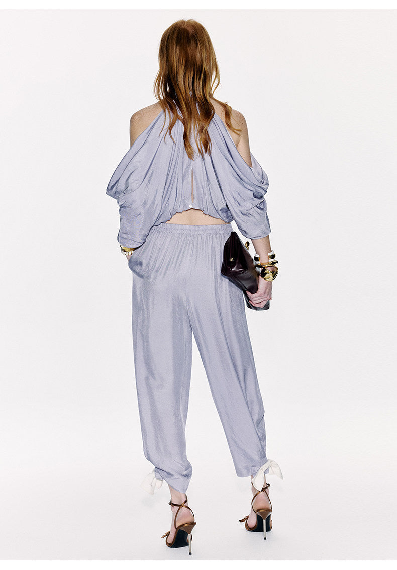 ATELIER MISS LU Draped Off-the-shoulder Streamers Acetate Top - BLEIG