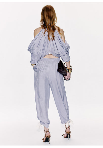 ATELIER MISS LU Draped Off-the-shoulder Streamers Acetate Top - BLEIG