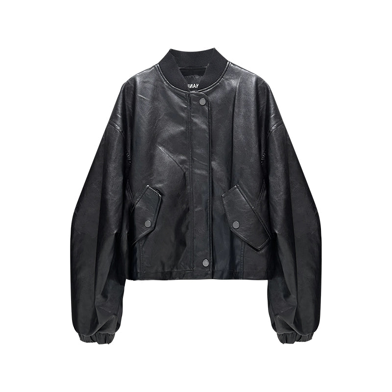 ANNAKIKI Women's Leather Jacket relaxed silhouette with cut-out sleeves-BAHN