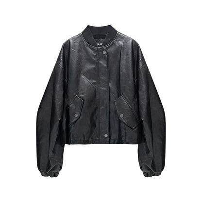 ANNAKIKI Women's Leather Jacket relaxed silhouette with cut-out sleeves-BAHN