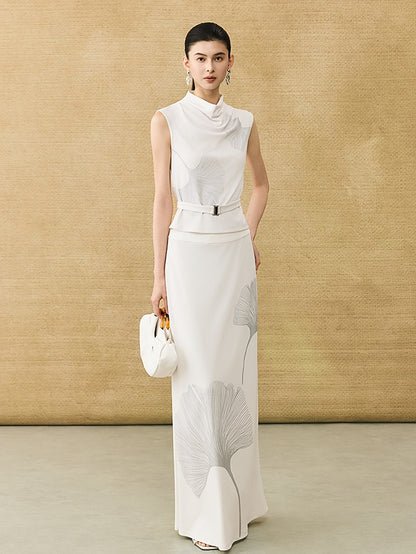 HECO Chinese Style Elegant Swing Neck Sleeveless Ginkgo Biloba Print T-Shirt - BOBA.