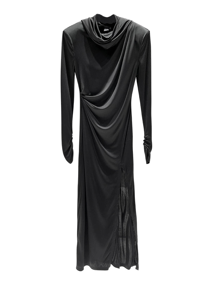 ANNAKIKI Designer Black Acetate Hood Slit Long Skirt Dress-HARUNA