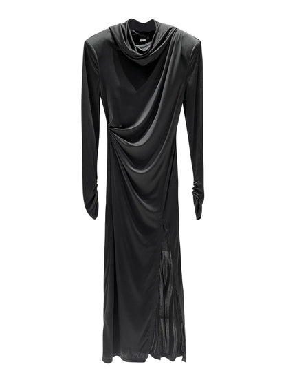 ANNAKIKI Designer Black Acetate Hood Slit Long Skirt Dress-HARUNA
