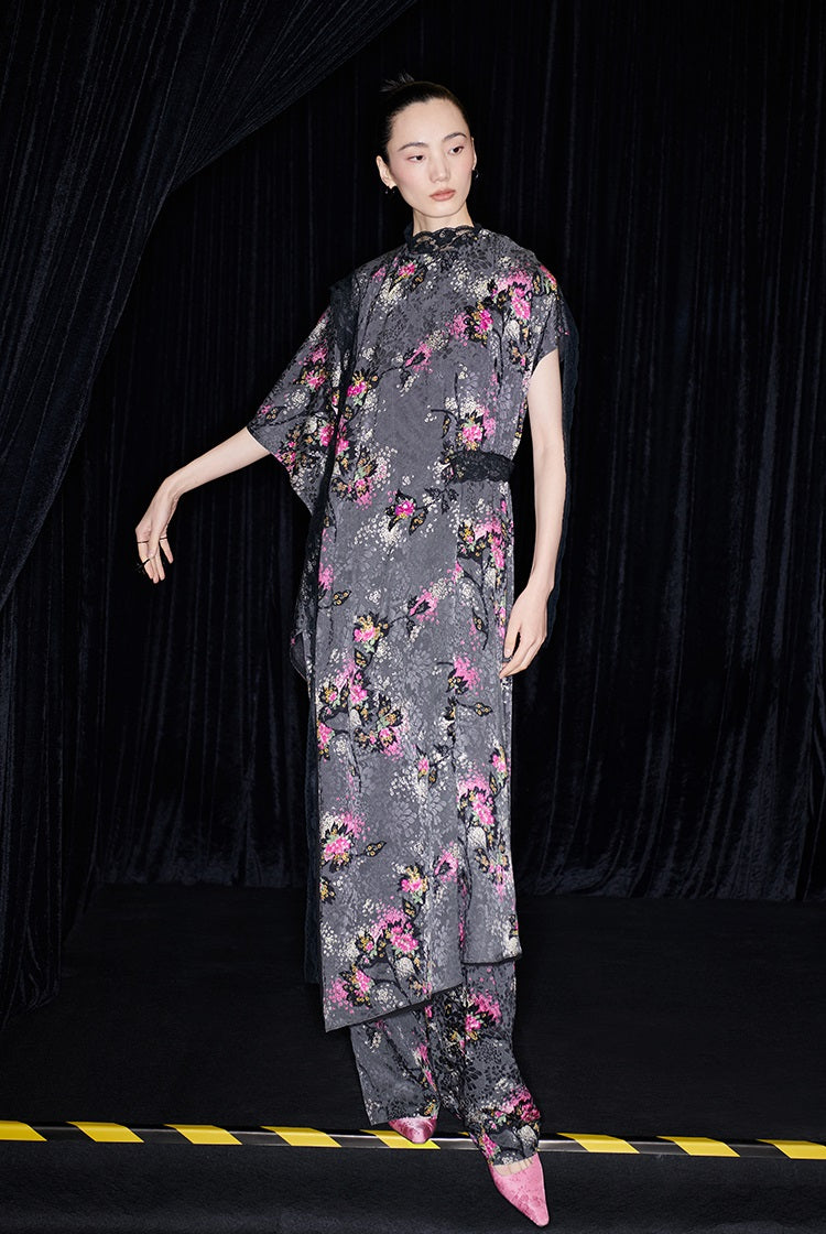 M essential Mackay designer cherry blossom print beaded asymmetrical dress - WORDS.