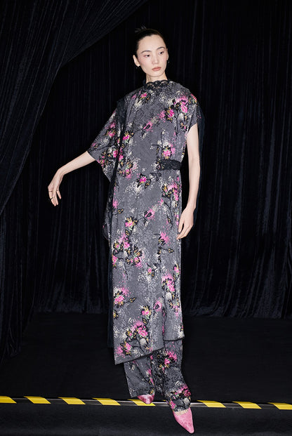 M essential Mackay designer cherry blossom print beaded asymmetrical dress - WORDS.