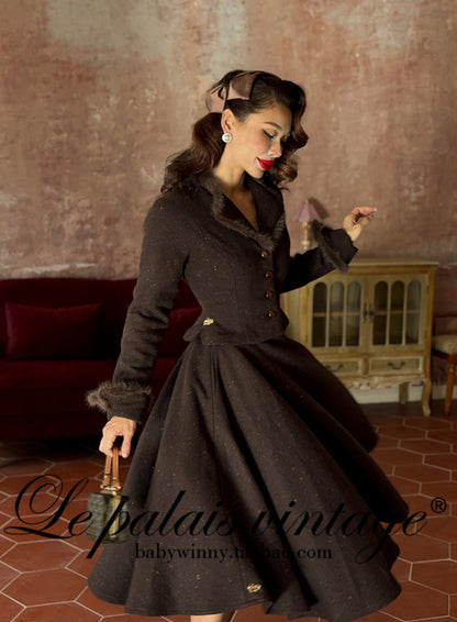 Le Palais Vintage Brown Mink Slim Jacket, Fishbone Skirt-LEE.