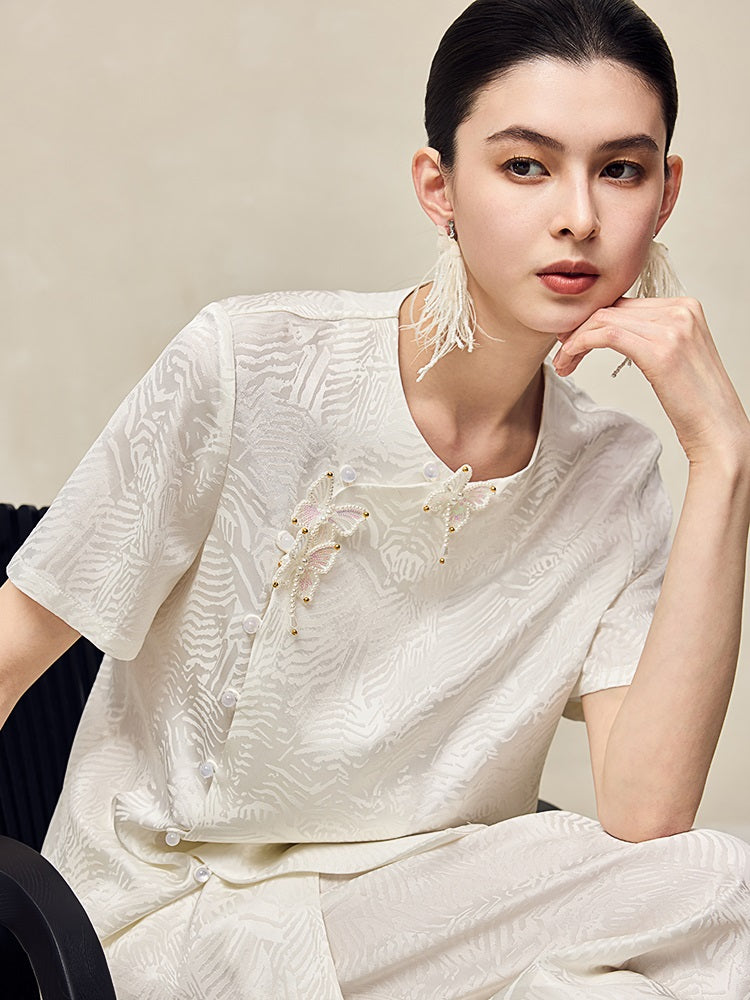 HECO Jacquard Round Neck Short Sleeve Black White Shirt Top Woman - GRACE.