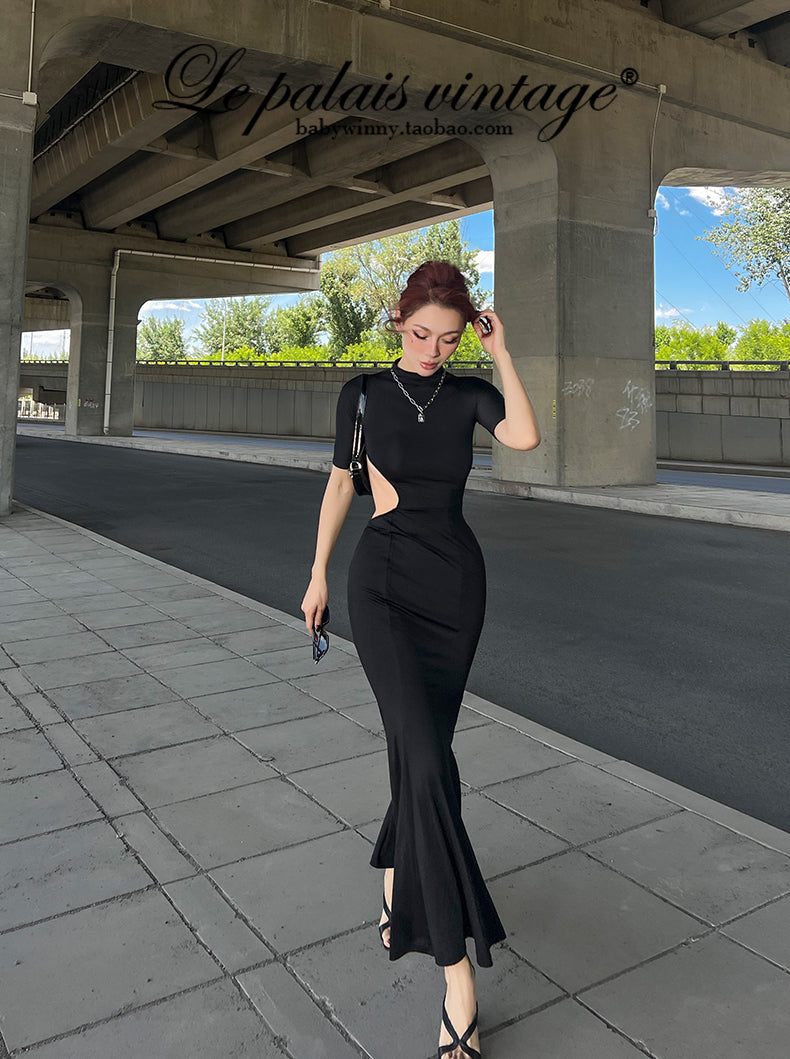 le palais vintage black elasticbodycon fishtail hollow waist cut out sexy black dress - Suxi