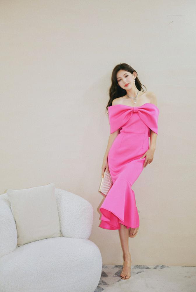 DOLLY Elegant Pink Big Bow Tube Top Off Shoulder Ruffled Fish Tail Dress-ZAYNAB