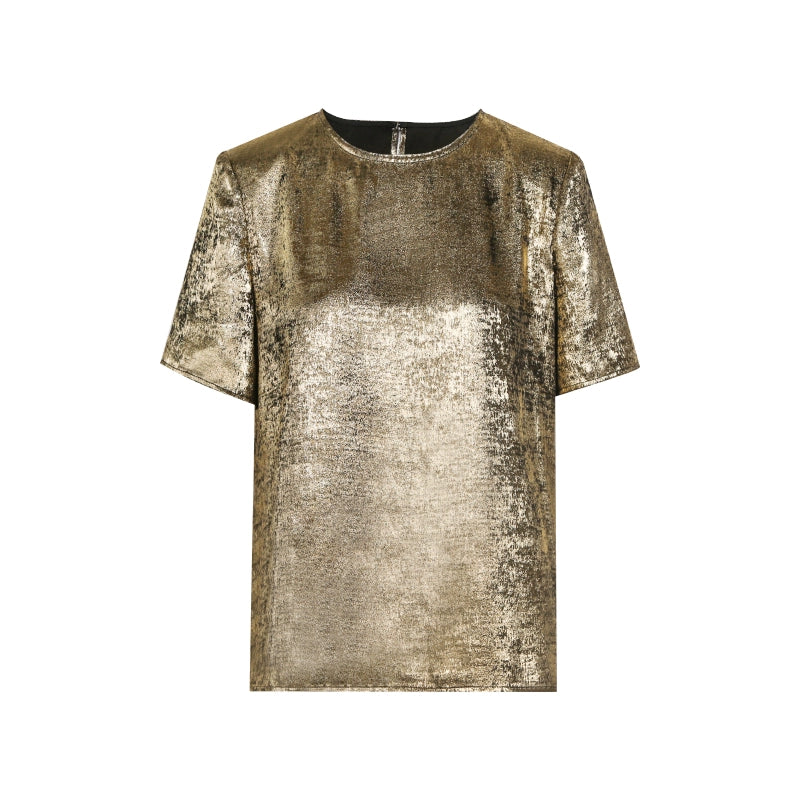 PURITY Versatile lacquered gold fabric drape shoulder top- Gon