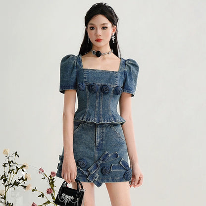 CHECOCRE Stubble Sweet Cool Girly Suit Hakama Denim Skirt Set- INDEFIN
