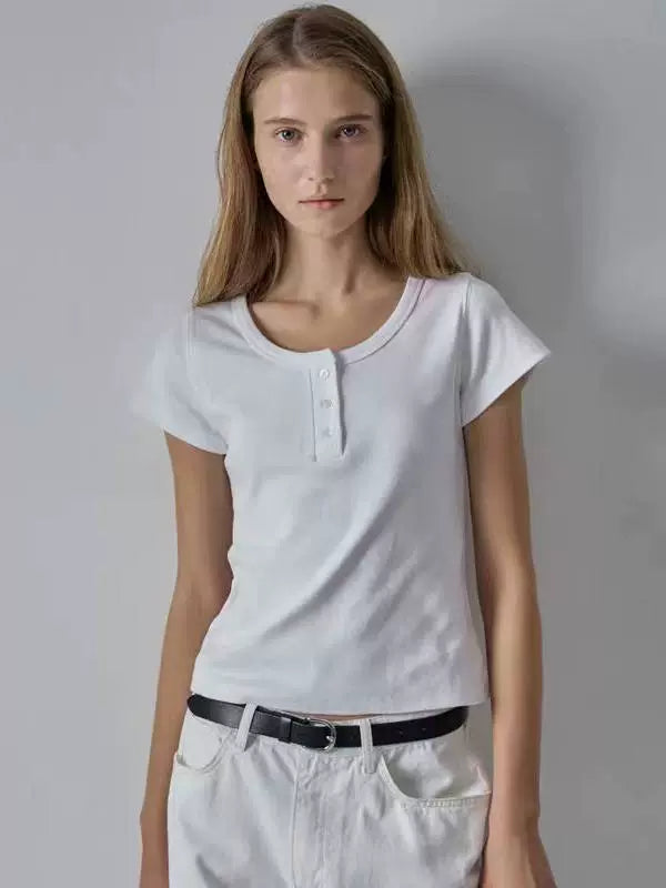 Nothing Written short sleeve t-shirt simple slim fit solid color casual crop top-LUNA.