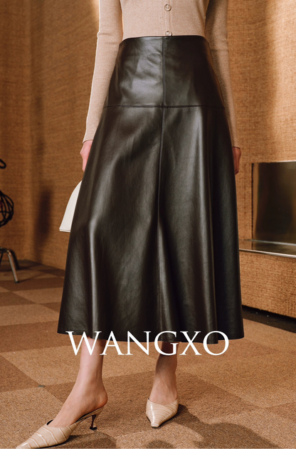 WANGXO | Luxurious Glossy Protein Leather Sheepskin A-Swing Skirt-ZARA.