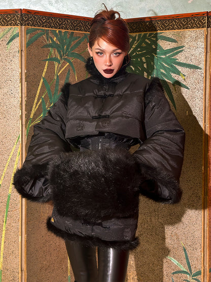 Le Palais Vintage Luxury Retro Black Cotton Short Fur Jacket + High Waist Skirt-Carla