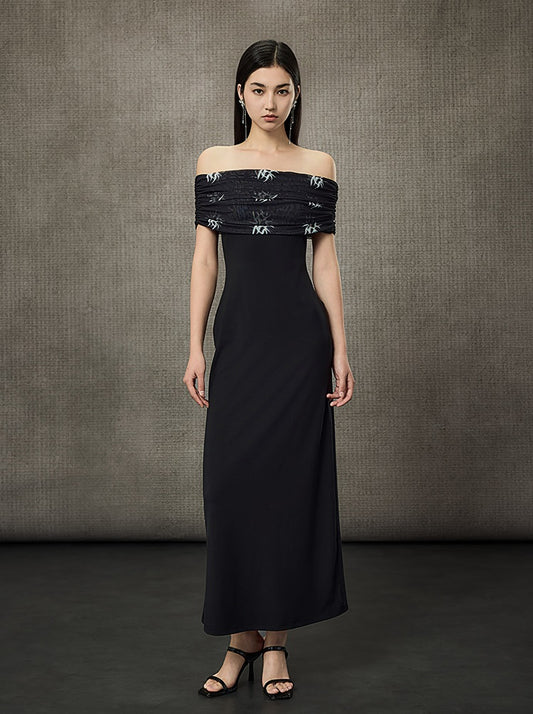 HECO Pleated One-Shoulder Bardot Temperament Midi Dress  - BELIEVE.