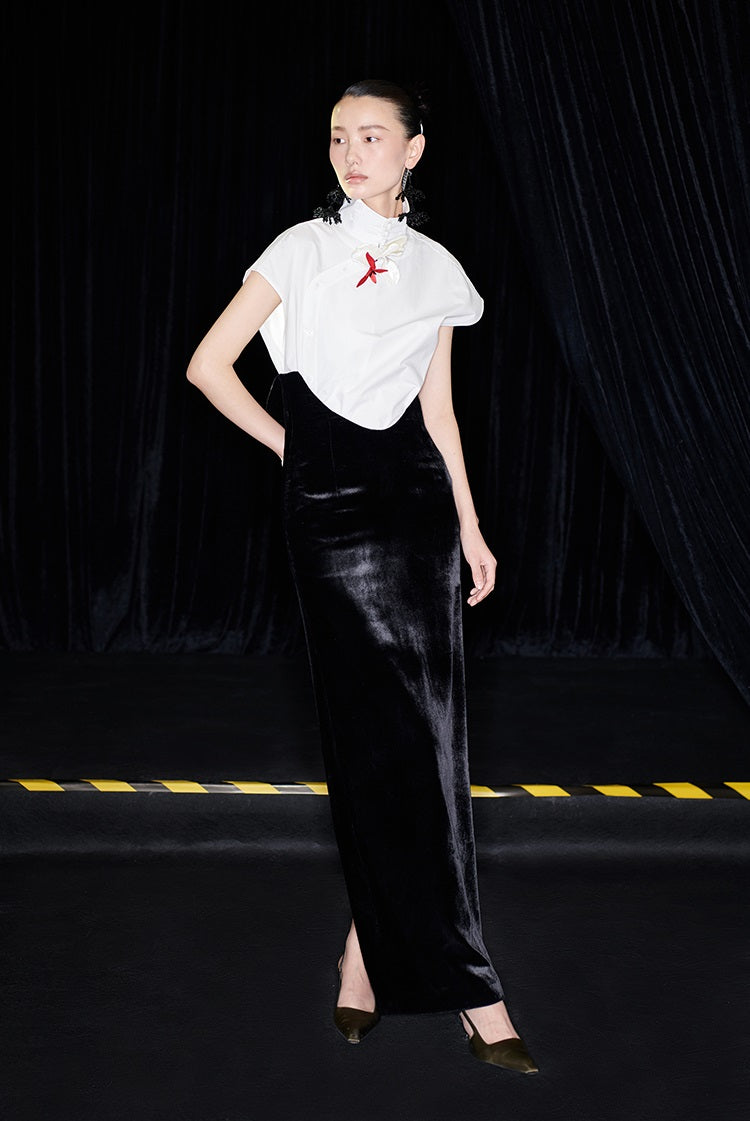 M essential Mackay designer bloom white dense cotton sleeveless stand-up collar shirt - NEON.