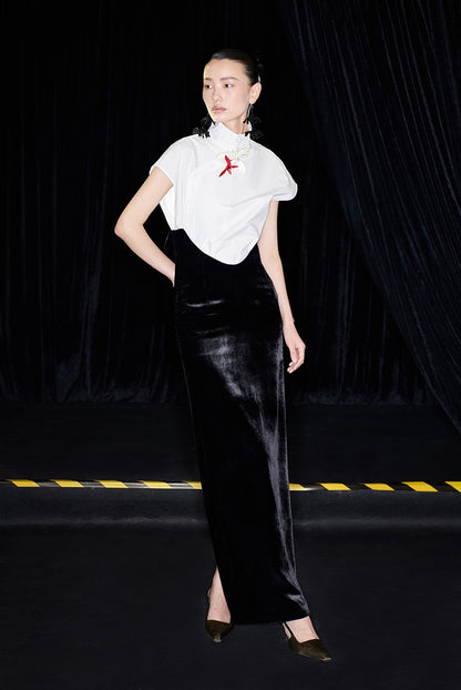 M essential Mackay designer bloom white dense cotton sleeveless stand-up collar shirt - NEON.