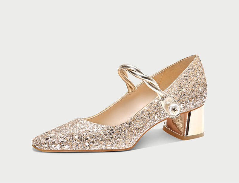 Pjjuu line belt square heel MaryJane gold wedding bridal Shoes  - MARA