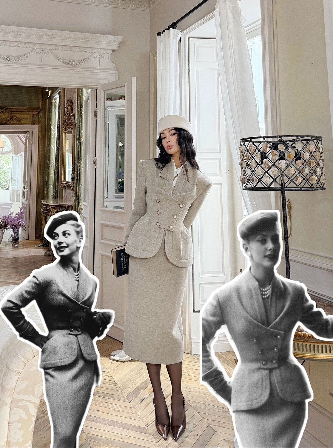 MEI SANGUAN Beige Gray Double-Breasted Jacket & Midi Skirt Suit - ETHAN