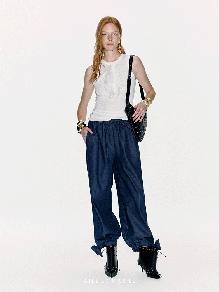 ATELIER MISS LU lace-embellished lightweight knitted short-sleeved vest - GLACIOUS.