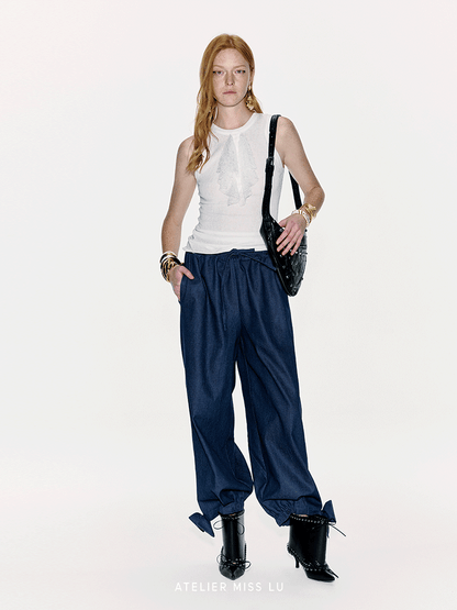 ATELIER MISS LU lace-embellished lightweight knitted short-sleeved vest - GLACIOUS.