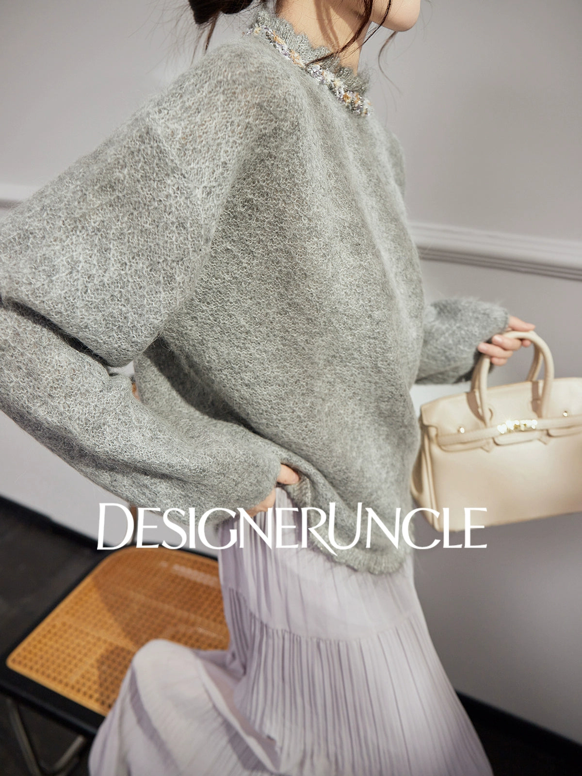 DGU|Gray new crew neck loose fashion design sense lazy style knitted top - GRACE.