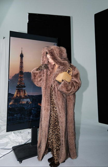 MEI SANGUAN Hooded Coffee Color Fur Jacket - JUSTIN