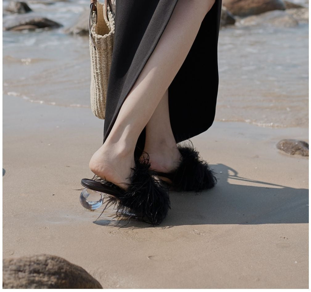 B-FEI black feather sandals transparent heel French Slip-on - Marilyn