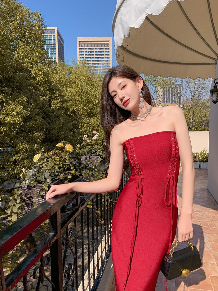 DOLLY Elegant Sleeveless Off Shoulder Tube Top Sexy Backless Midi Dress-XENNY