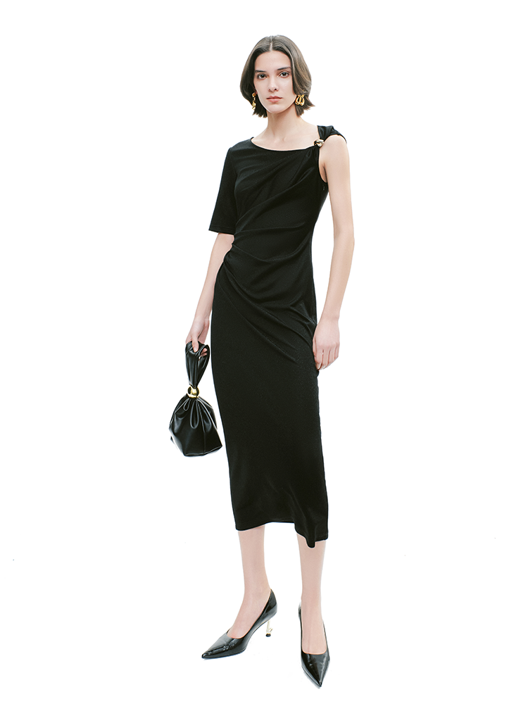 YES BY YESIR | Ye Qians Asymmetric Ribbon-Buckle Knit Dress with Sculpted Silhouette - JASME.RA