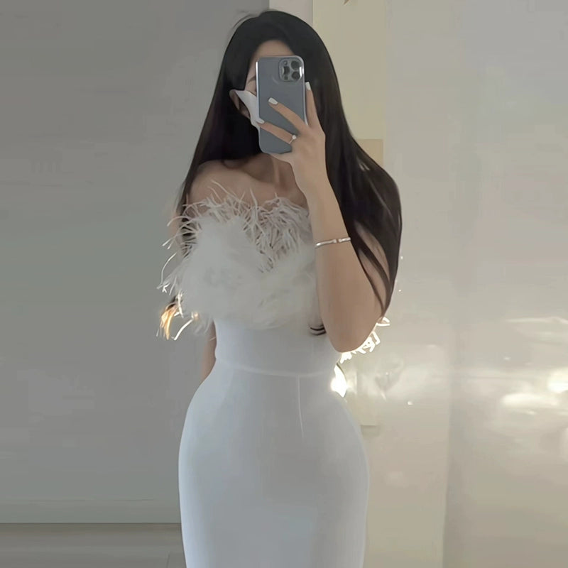 DOLLY Elegant Black Off Shoulder Feather Tube Top Long Slim Fit Dinner Dress-LILIAN