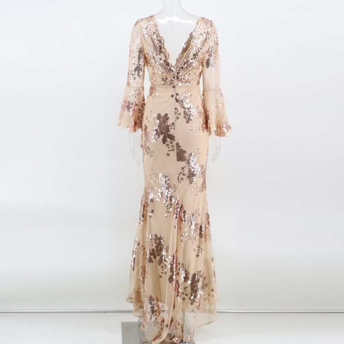 DOLLY Elegant V-Neck Long Sleeve Sequin Hip Flared Fish Tail Banquet Dress-MAY