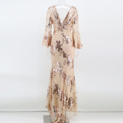 DOLLY Elegant V-Neck Long Sleeve Sequin Hip Flared Fish Tail Banquet Dress-MAY