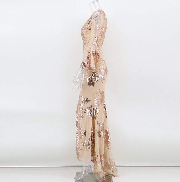 DOLLY Elegant V-Neck Long Sleeve Sequin Hip Flared Fish Tail Banquet Dress-MAY