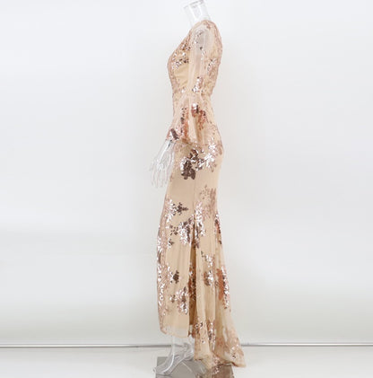 DOLLY Elegant V-Neck Long Sleeve Sequin Hip Flared Fish Tail Banquet Dress-MAY