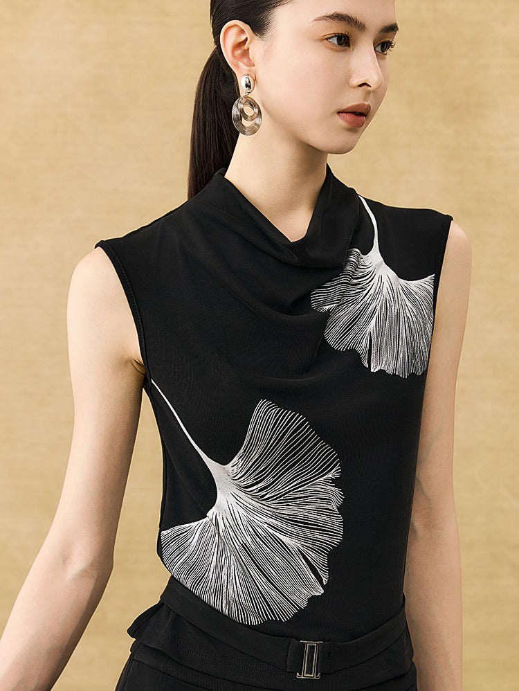 HECO Chinese Draped Summer Heavy Industry Ginkgo Biloba Print Slim Skirt - COLS.