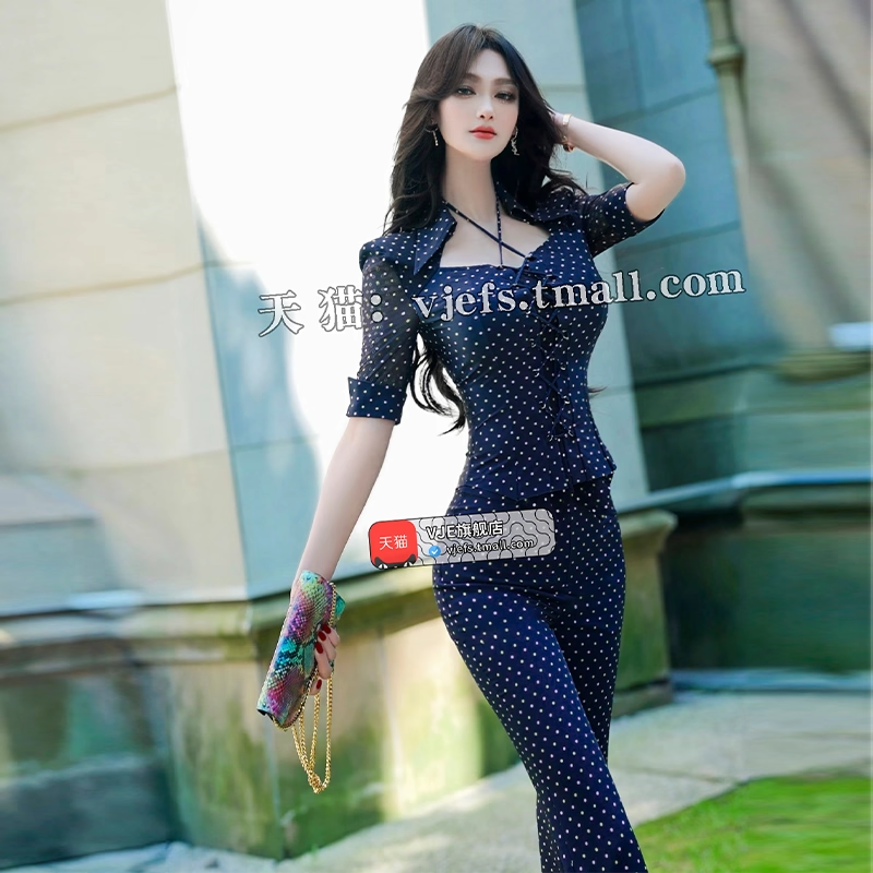VJE Drawstring mesh short-sleeved top flared pants two-piece suit-COCO.