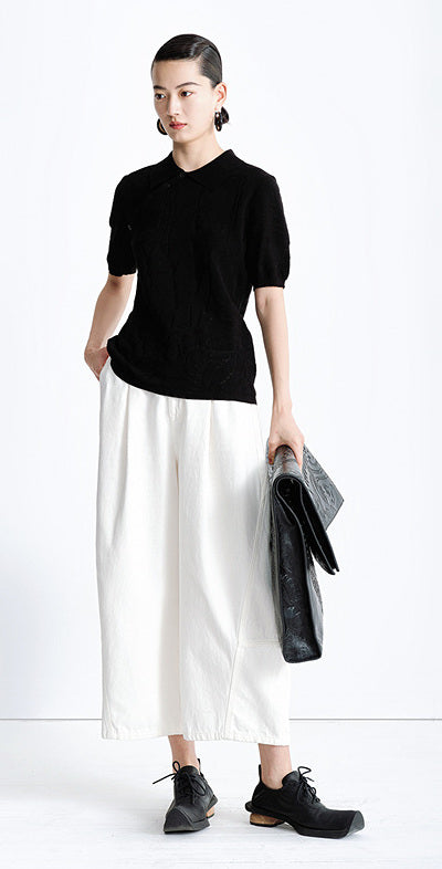 ZHUCHONGYUN black short-sleeved diagonal placket knitted top-MIHAWK.